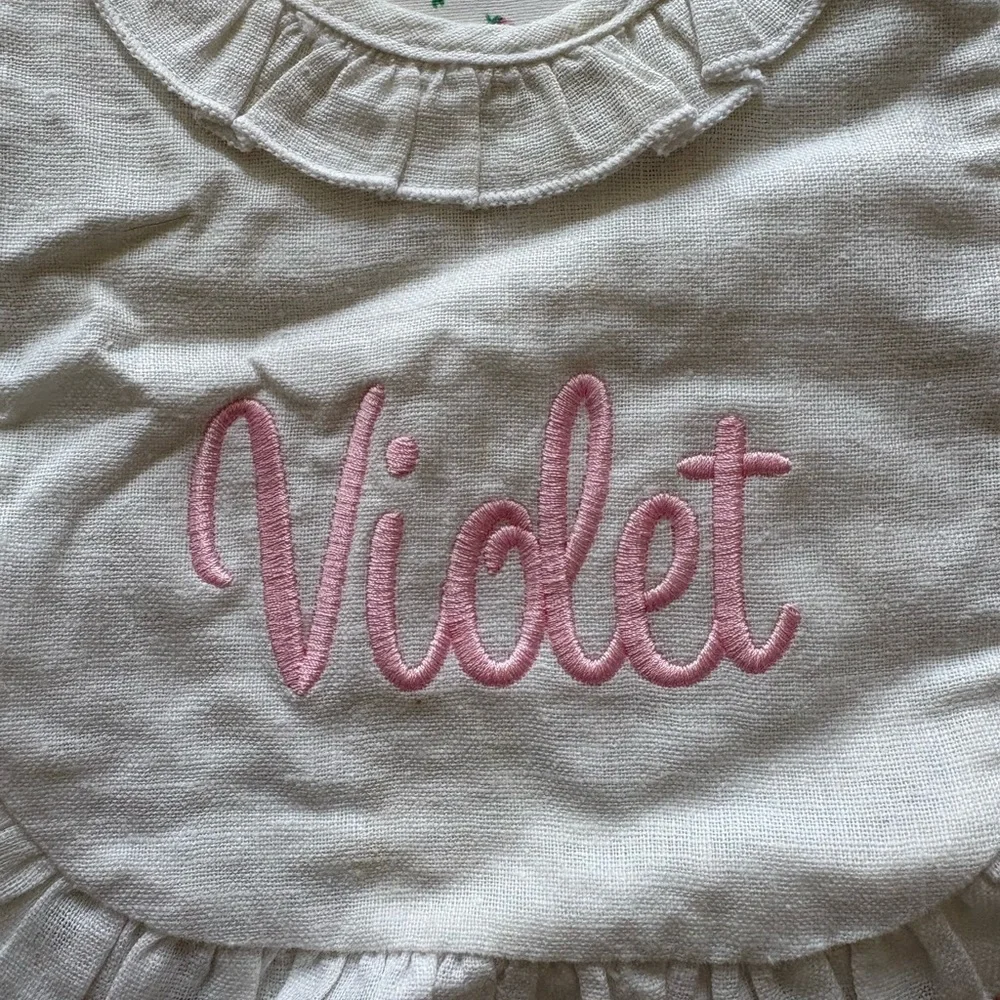 Pink Gingham and White Cotton Baby Bibs with “Violet” Monogram